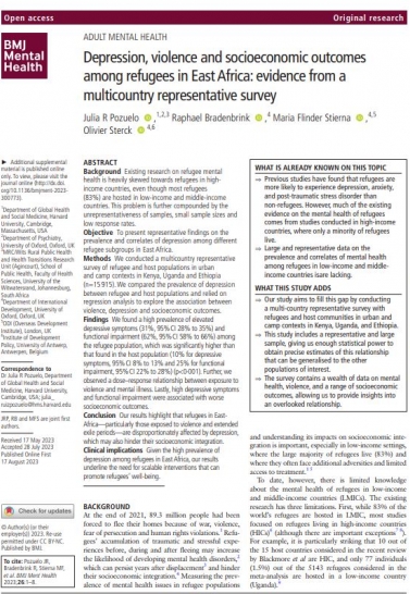 Depression, violence and socioeconomic outcomes among refugees in East Africa: evidence from a multicountry representative survey Cover Image